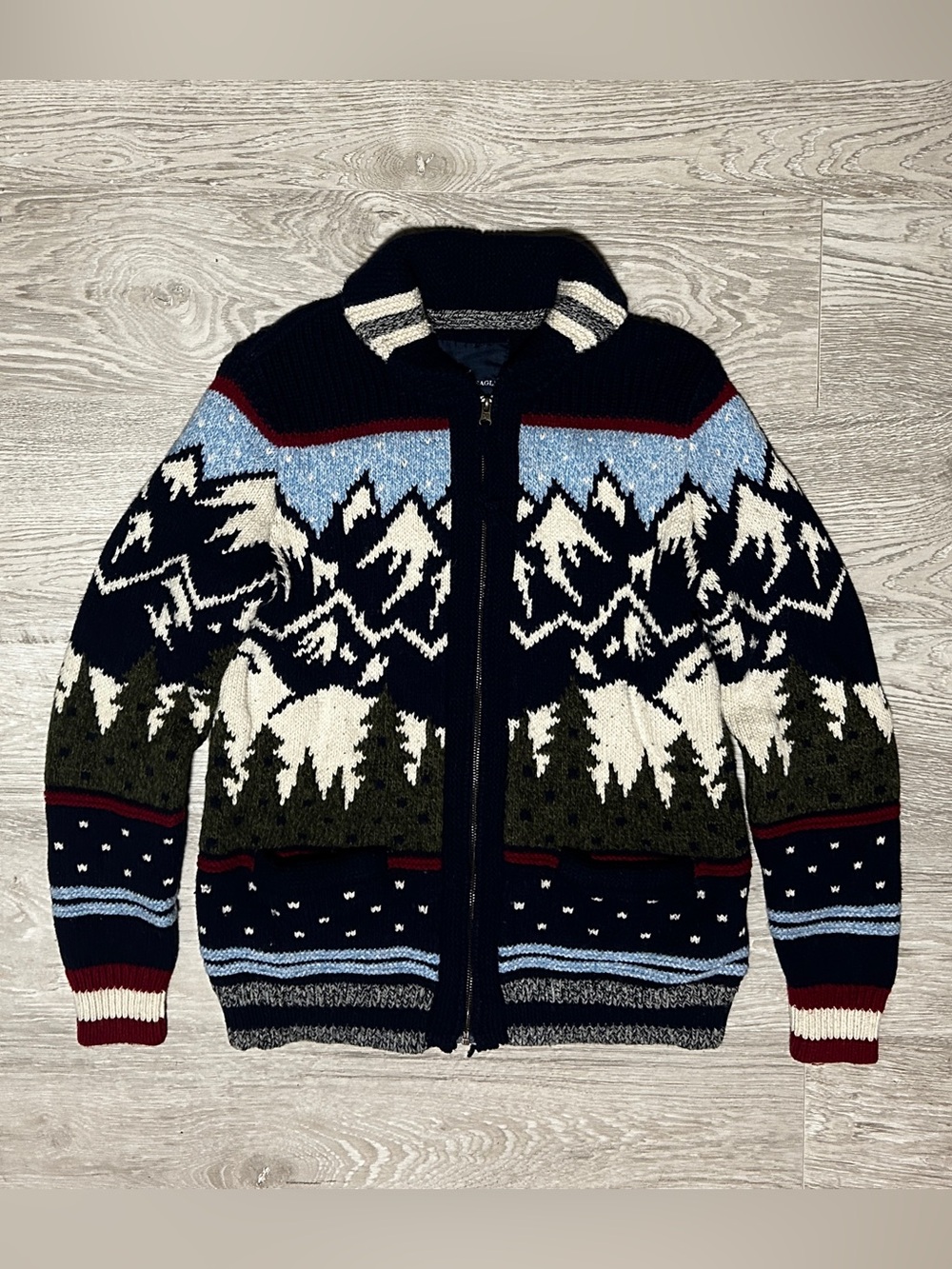 American Eagle All Over Print AOP Mountain Knit Zip Up Sweater